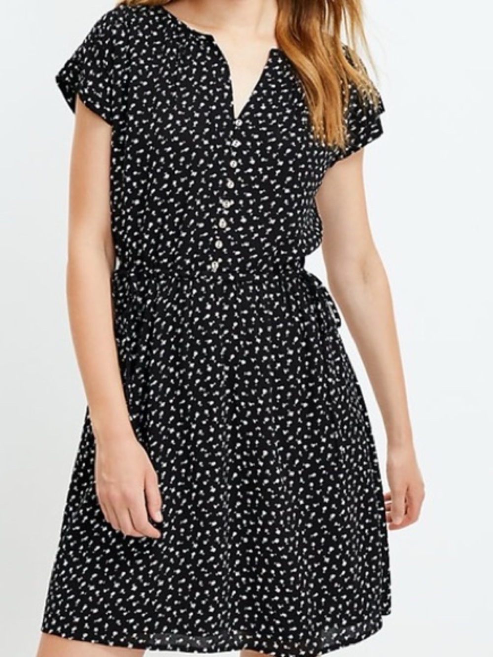LOFT Dress Size Medium Black and White Floral Button-Front Dress Side Tie Lined